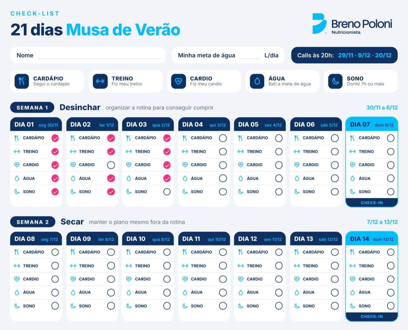Prévia do check-list dos 21 dias, com a Semana 1 Desinchar e alguns dias marcados