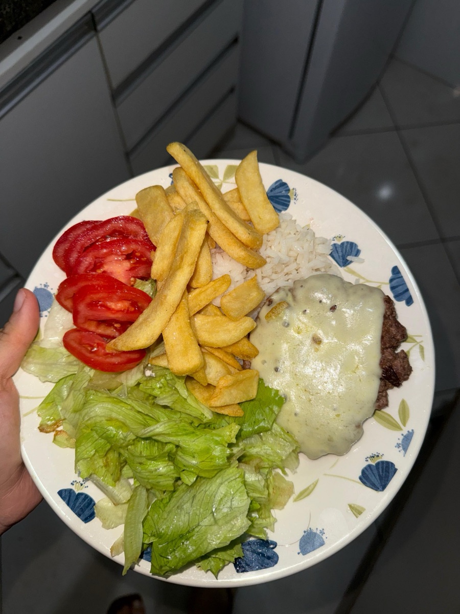 Prato com arroz, carne, salada de tomate e batata